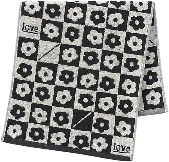 Soft Cotton Checkered Hand Towels - Absorbent Bath & Kitchen Towels, 13x29 Inches, Decorative Flower Checkerboard Design (Black and White)