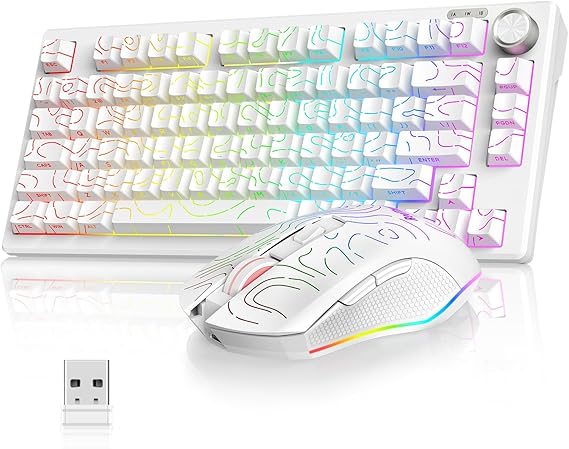 RedThunder K75 75% Wireless Membrane Keyboard and Mouse,3-Mode 2.4G/BT/USB-C,US Layout Side-Engraved,Volume Knob,TKL Ultra Compact Design,Optical Gaming Mouse with 4800DPI for PC Mac (Contour White)
