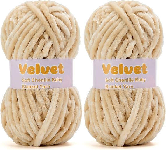 Velvet Chenille Bulky Yarn for Knitting Crochet Beige 2Pack | Soft Fluffy Texture. Suitable for Weaving & Crafting, Perfect for Baby Blanket & DIY Projects. 4oz Skein with 66yds Each