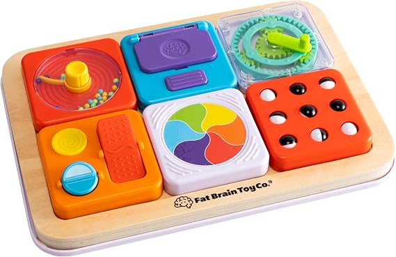 Fat Brain Toys PlayTab Essentials, Modular Sensory Activity Board, Busy Board for Toddlers and Babies Ages 12 Months+ | Busy board with swappable sensory tiles. Fine motor skills, sensory learning, cause-and-effect. Babies, toddlers, 12 months+.