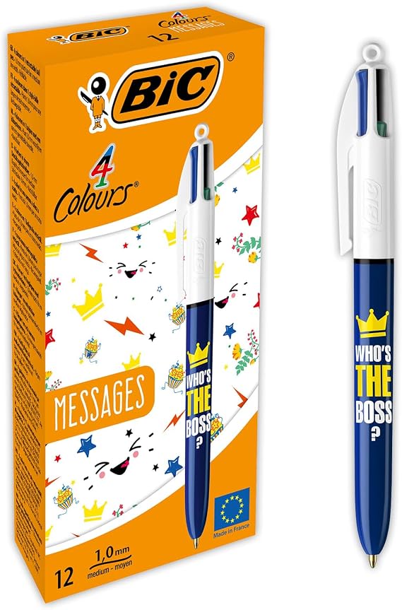 BIC 4 Colors Message Ballpoint Pen 12 Box, 1.0mm Tip, Single Pen Blue, Red, Green and Black Colors