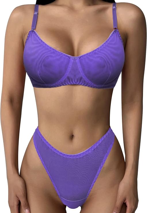 Women's Sheer See Through Lingerie Set Sexy Mesh Lace Bra and Panty Set 2 Piece