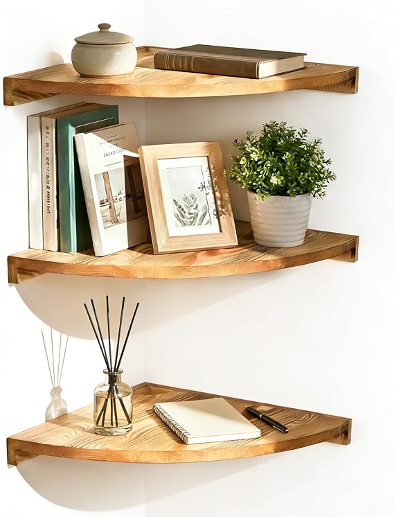 Corner Shelves Wall Mounted Set of 3,Solid Wood Storage Organizer Wall Shelves, Rustic Wooden Floating Corner Display Shelf for Living Room,Kitchen,Bedroom,Bathroom