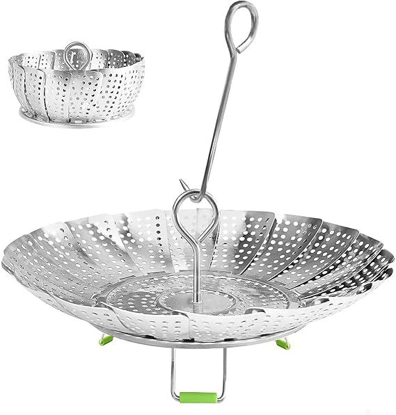 Steamer Basket Stainless Steel Vegetable Basket Metal Handle Folding Silicone Feet Steamer Insert for Cooking Veggies Fish Seafood Include Safety Tool,Fit Various Pot Pressure Cooker (7.1" to 11")