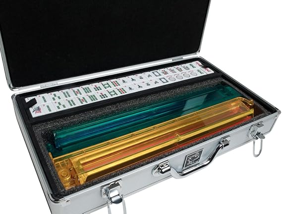 American Mah Jongg Set by White Swan 166 White/Blue Engraved Tiles 4 x All-in-One Rack/Pushers Aluminum Case - Silver