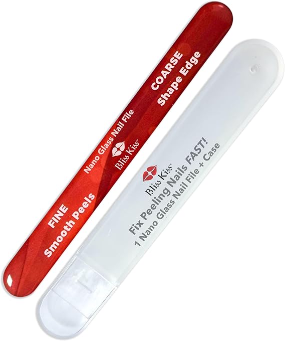 Bliss Kiss Nano Glass Nail File and Callus Buffer with Case | Fine nano-glass surface smooths peeling nail edges and calluses; washable, reusable with a protective travel case.