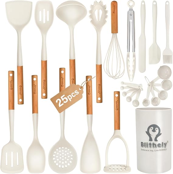 Large Silicone Kitchen Utensils Set with Holder, 25Pcs Cooking Utensil Set with Wooden Handle, Heat Resistant Sets for Cooking, BPA Free Silicone Utensils Set for Non-Stick Cookware(Cream White)