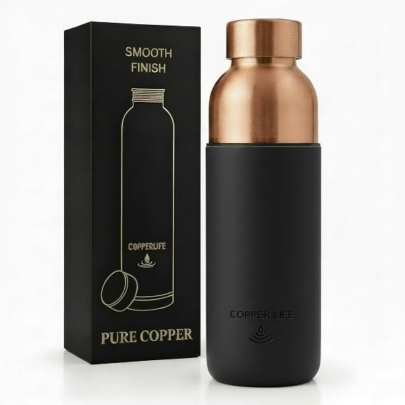 Pure Copper Water Bottle | Handcrafted, Leak-Proof, Eco-Friendly, Health-Boosting Bottle with Silicon Grip | Stylish, Reusable, Perfect for Hydration & Wellness | 34 Ounces (Black Grip)