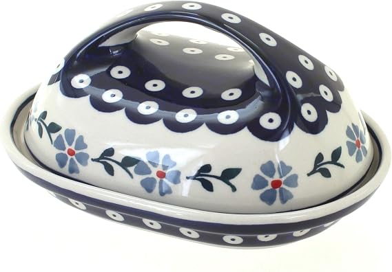 Blue Rose Polish Pottery - Blue Violet Butter Dish with Handle - Fits 1 Stick - Butter Dish for Countertop Organization and Storage