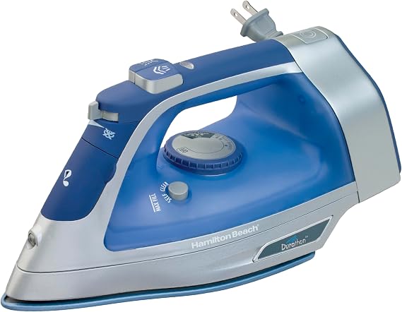 Hamilton Beach Steam Iron For Clothes With Adjustable Steam Settings | Scratch-Resistant Durathon Soleplate | 8 Retractable Cord | 3-Way Auto Shutoff | Anti-Drip | 1500 Watts | Blue
