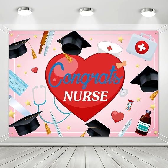 Pink Congrats Nurse Graduation Backdrop Banner,Medical School Nurse Graduation Background,Nursing School Backdrop.