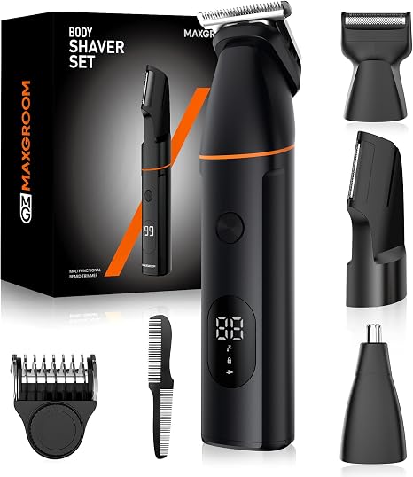 MAXGROOM Men's Intimate Shaver 4-in-1 Razor Men's Intimate Area Waterproof Wet-Dry Body Razor with LED Display Men's Electric Razor for Intimate Area Chest Armpits Groin Testicles