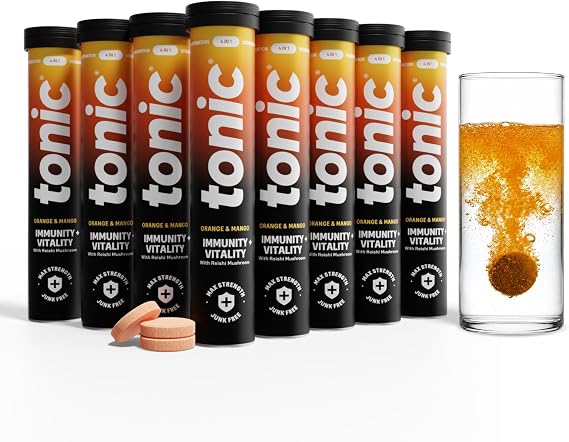 Tonic Health Immunity & Vitality Tablets - 4-in-1 Effervescent Multivitamins and Nutrients - Vitamin D, Vitamin C and Zinc - Vegan, No Sugar-