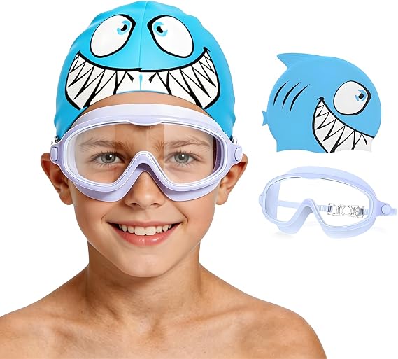 Kids Swim Goggles for 3-8 with Swim Cap, Swimming Goggles Cap Set with Anti-Fog Anti-UV for Boys Girls Toddler