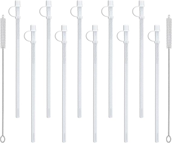Mugs N Coffee 11 Flexible Corrugated Straws with Caps (10-Pack) with 2 Cleaning Brushes BPA-Free Reusable Drinking Straws for 32 oz Hospital & Travel Mugs Made in USA