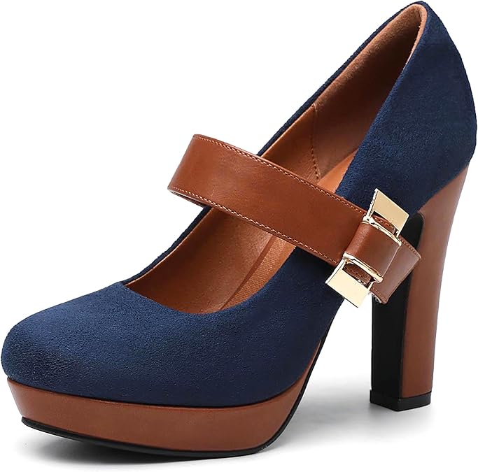 NEWBELLA Women's Platform Pumps - High Heel Closed Toe Dress Shoes with Ankle Strap, Comfortable Block Heel Round Toe Wedding & Party Shoes, Blue 8.5