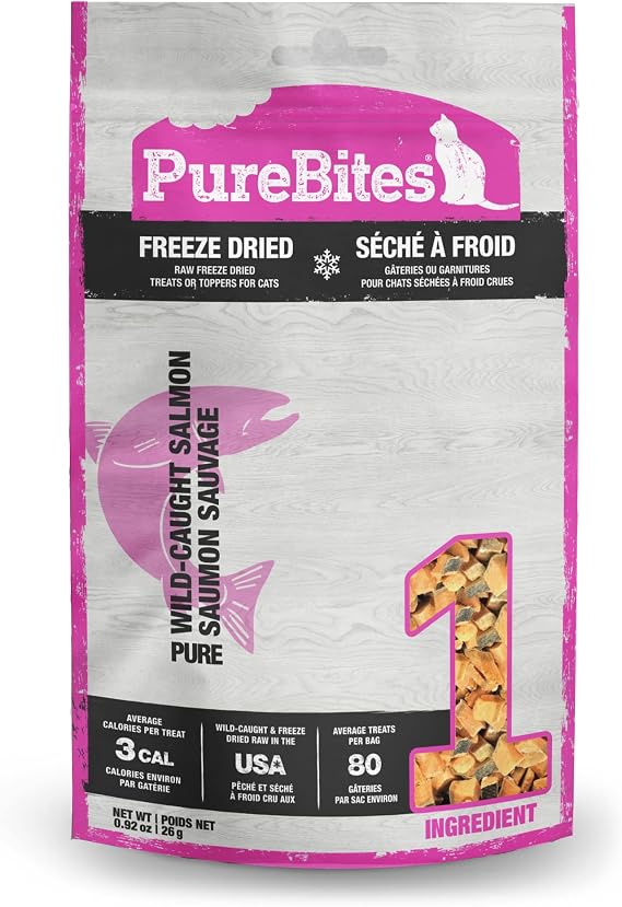 PureBites Salmon Single Ingredient Freeze Dried Cat Treats, 0.92 oz | 100% Salmon, Freeze Dried Raw in USA, High-Value Training Reward, 3 Calories/Treat, No Fillers