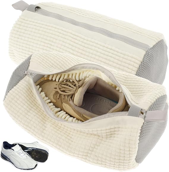 2Pcs Shoe Washing Machine Bag, Shoe Cleaning Bag with Zipper & Hook, Reusable Shoe Laundry Bag, Trainer Washing Machine Bag for Sneakers Canvas Tennis Running Shoes 39x19cm(White)