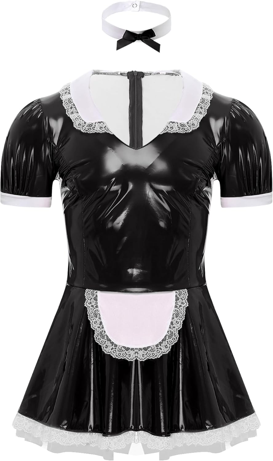 Men Sissy Wet Look Lace French Maid Uniform Lingerie Outfit Cosplay Fancy Dress Pajamas Set