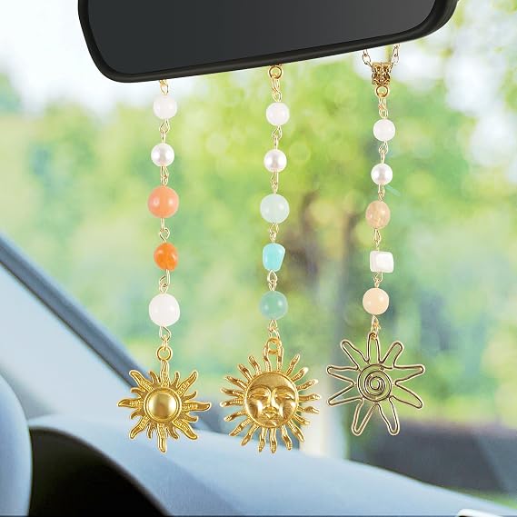 3 Pack Sun Rear View Mirror Hanging Accessories, Hanging Sun Charm with Healing Crystal, Boho Car Charms, Healing Mirror Decor Cute Accessories for Women (Retro)