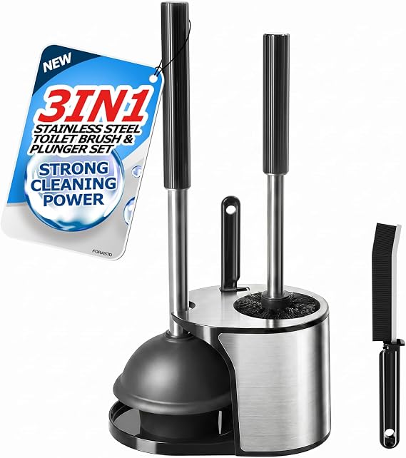 FORASTO 3in1 Stainless Steel Toilet Plunger and Brush Set - Bathroom Tools