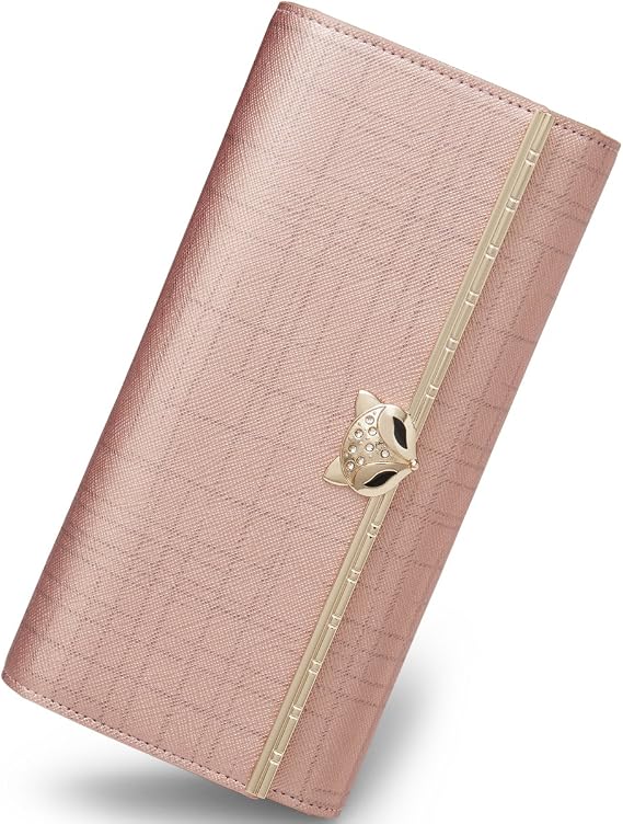 Leather Trifold Wallets for Women, Genuine Leather Gift Box Packing Ladies Designer Clutch Purses with Zipper Pocket Women's Fashion Long Wallet Credit Card Holders Birthday Valentine Gift (Rose Gold)