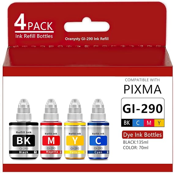 Compatible GI290 Refill Ink Bottle Replacement for Canon PIXMA G1000 G1200 G1800 G2100 G2200 G2400 G2800 G3000 G3100 G3600 G3800 G4100 G4600 Series Inkjet Printer (1 Bk,1 C,1 M,1 Y, GI-290 ，4 Pack)