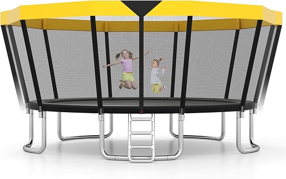 GYMAX Trampoline Outdoor, ASTM Approved Recreational Trampoline with Safety Enclosure Net & Non-Slip Ladder for Kids & Adults, Anti-Rust Large Rebounder Trampolines for Outside, Backyard