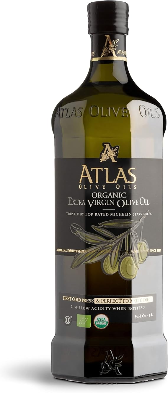 A ATLAS OLIVE OILS Organic Cold Press Extra Virgin Olive Oil with Polyphenol Rich, Newly Harvested Unprocessed from One Single Family Farm Cold Press Ext. Virgin 34 Fl Oz (Pack of 1)