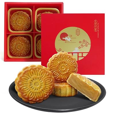 KWOLYKIM 4PCS Cantonese Mooncake, Lotus Seed Paste Flavor Chinese Mid-Autumn Festival Moon Cake 14.11oz