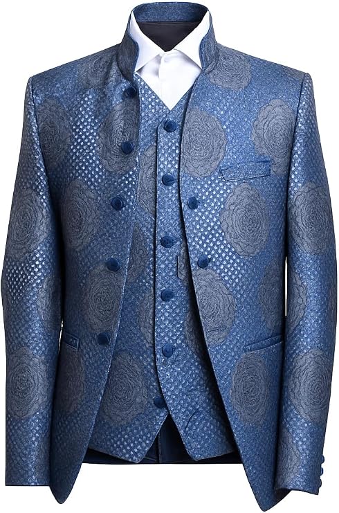 Quesste Men's 3pc Floral Blue Jodhpuri Suit Set