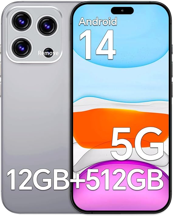 E16 PM Unlocked Android Phones, 5G Android 14 Cell Phones Unlocked, 12GB+512GB, 6.8" HD Screen, 5000mAh Battery, 108MP+48MP Dual Camera, Face ID & Dual SIM