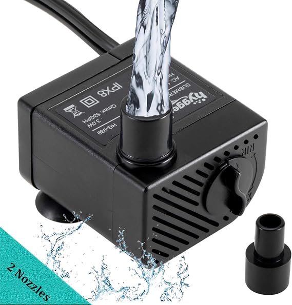 hygger Ultra Quiet 53GPH (200L/H, 3W) Submersible Mini Water Pump  with 2 Nozzles, for Aquariums, Fish Tank, Fountain, Hydroponics, Max Lift Height 1.7ft ,120V/60HZ, Power Cord 6ft