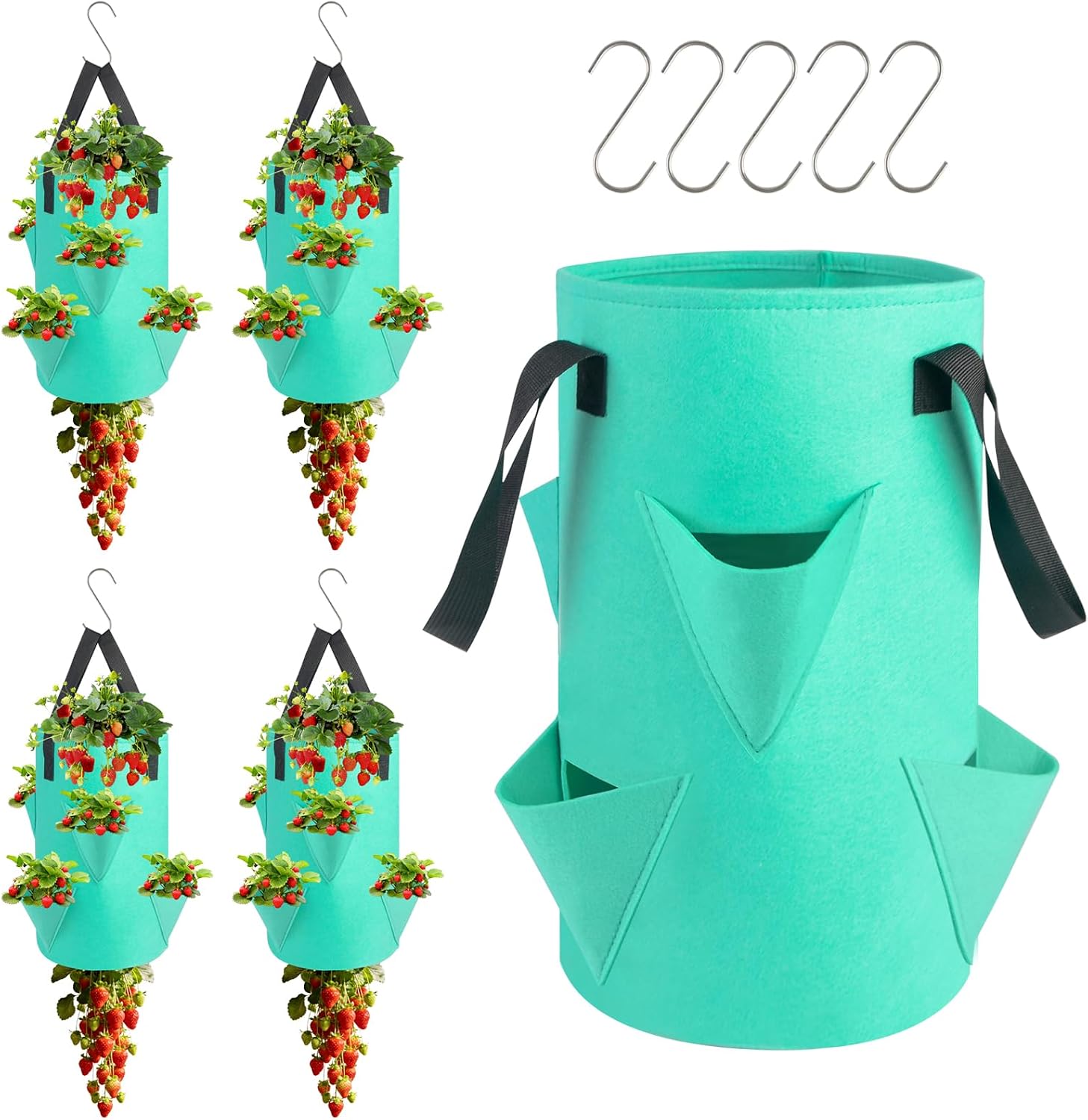 5 Pack Upside Down Strawberry Hanging Planter, 3 Gallon Tomato Hanging Grow Bags with 5 Hooks, Hanging Tomato Strawberry Grow Planters Vegetable Planting Bags with 6 Planting Holes for House Garden