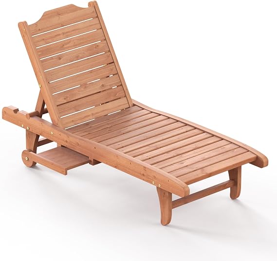 EUNHOO Wooden Chaise Lounge Chair, 3-Position Adjustable Outdoor Tanning Chair with Hidden Side Tray & Wheels, Poolside Patio Sun Chair