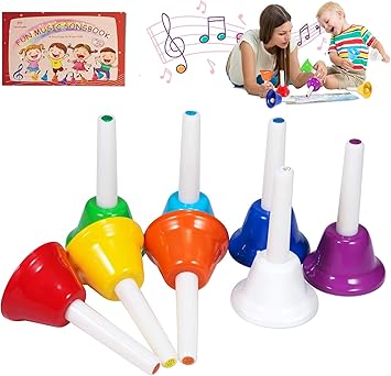 Hand Bells, 8 Note Musical Handbells Set with 17 Songbook Musical Toy Percussion Instrument for Toddlers Children Kids for Childrens Day Family Activity School and Church Multicolored
