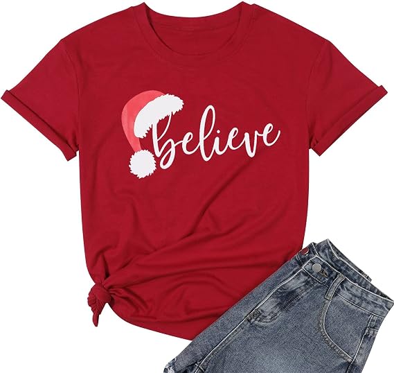 JINTING Christmas Believe Tree Shirt Cute Short Sleeve Christmas Outfits