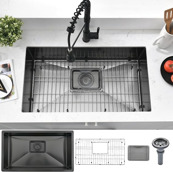 32x19 Undermount Kitchen Sink, 16 Gauge Stainless Steel Black Single Bowl Sink, Deep Workstation Kitchen Sink with Nano-Coating, Modern Farmhouse Undercounter Sink with Accessories (Black, 32 * 19in)