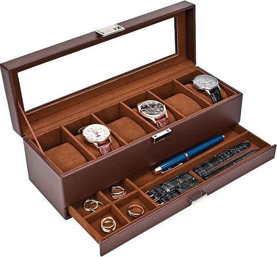 ProCase Watch Box, 6 Slot Watch Display Case with Drawer -Espresso