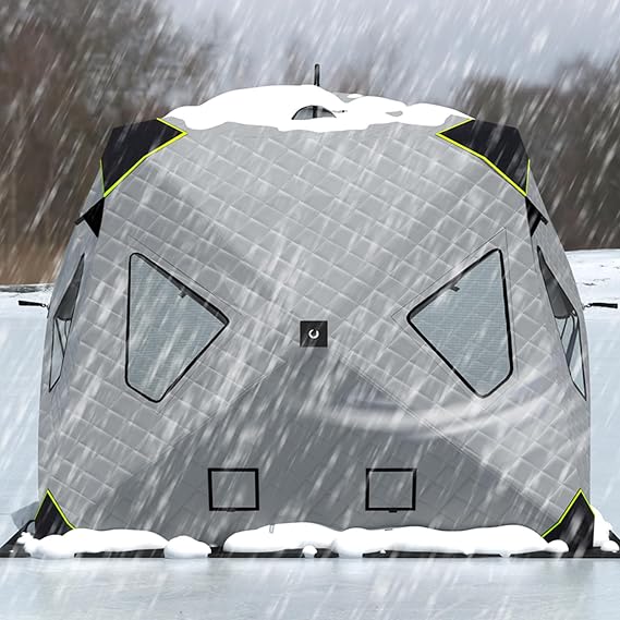 Ice Fishing Shelter with Stove Jack and Floor, Portable Ice Fishing Tent, Insulated Layer Ice Shanty, Ice Huts for Cold Weather Fishing(2-3 People, Gray)