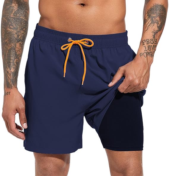 Men's Swim Trunks Quick Dry Beach Shorts with Compression Liner Swimming Shorts with Zipper Pockets