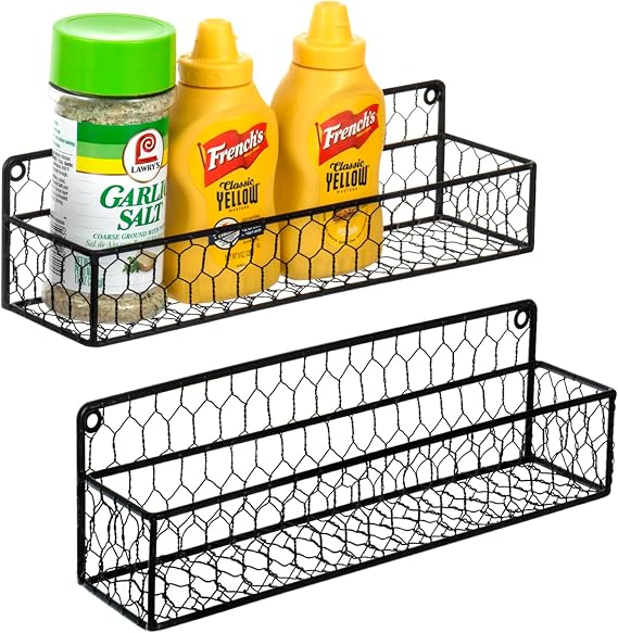 MyGift 12 Inch Black Wire Wall Spice Rack Set of 2 Seasoning Shelf