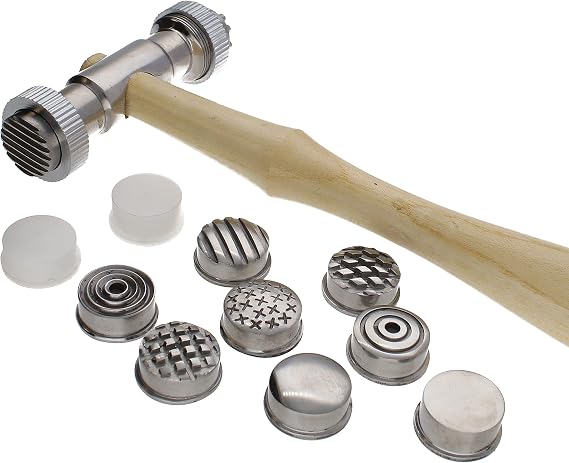 The Beadsmith Interchangeable Texture Hammer - Metal Elements - 10.5 Inches with Wooden Handle, 65mm Steel Head with Twelve 19mm Faces - Texturing Tool Used to Add Patterns & Dimension to Metalwork