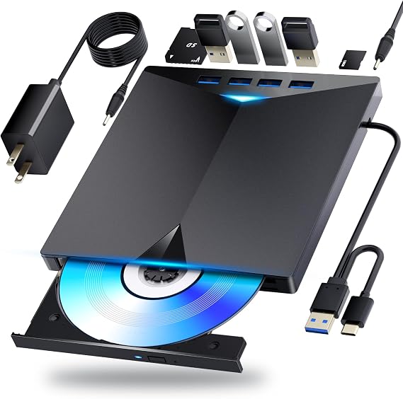 Dainty External Blu-ray Drive, Compatible with BD/DVD/CD Player/Read/Write USB 3.0 &/Type-C Windows 7-11 & Mac PC-Compatible with TF/SD/USB