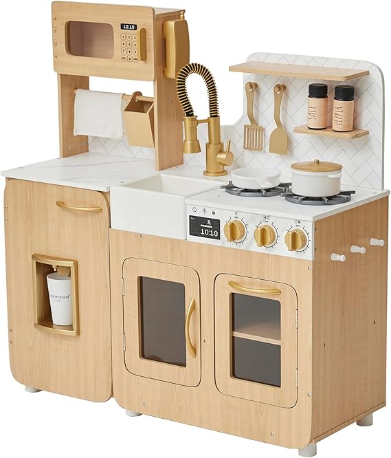 Teamson Kids Little Chef Cyprus Play Kitchen Set for Toddlers with 14 Accessories, Wooden Toy Cooking Playset for Kids Ages 1-8, Montessori Cooking Station, Light Oak/White Pretend Kitchen