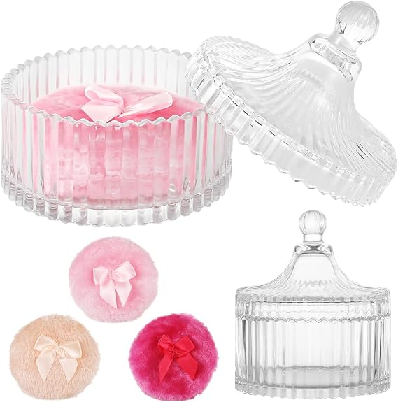 Glass Dusting Powder Container Set, Powder Container with 3 Large Body Powder Puffs, Crystal Glass Jar with Lid & Decorative Ribbon Bow Puffs, Washable Powder Makeup Tools