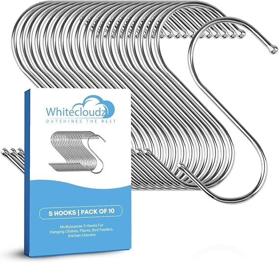 WHITECLOUDZ 10Pack Silver Heavy Duty S Hooks for Hanging, Durable Wall Hangings Hooks, Stainless Steel Hooks for Hanging Clothes, Kitchen Hooks for Utensils, Ceiling Hooks for hangings Plants,(8.4cm)