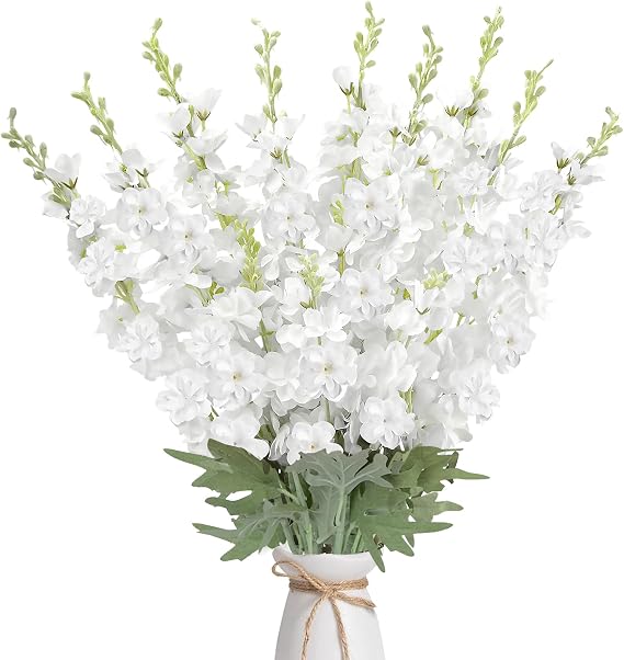 16Pcs White Delphinium Artificial Flowers Bulk 33.5" Long Stem White Flower