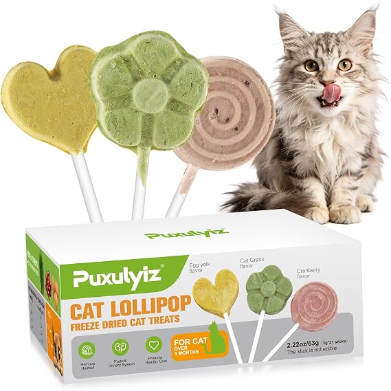 21pc Cat Lollipop Treats, Cat Grass Treats High Protein Nutrient Rich for Hairball Control and Healthy Coat, Cat Birthday Treats with Catgrass, Cranberry, Egg Yolk Flavor