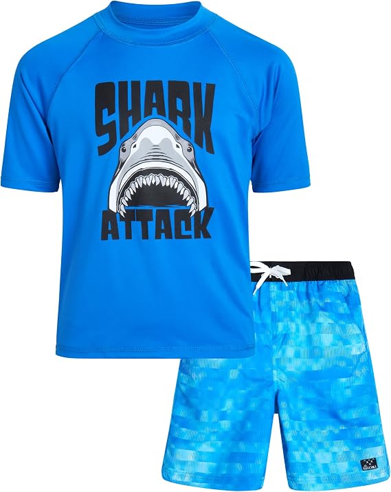 Big Chill Boys Rash Guard Set - 2 Piece Quick Dry UPF50+ Sun Protection Swim Shirt Short Sleeve and Boys Swim Trunks
